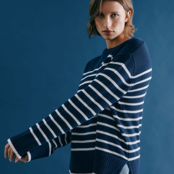 Albaray Women's Pure Cotton Striped Stepped Hem Jumper - 10 - Navy Mix, Navy Mix