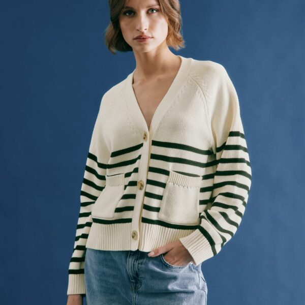 Albaray Women's Pure Cotton Striped V-Neck Cardigan - 12 - Cream Mix, Cream Mix