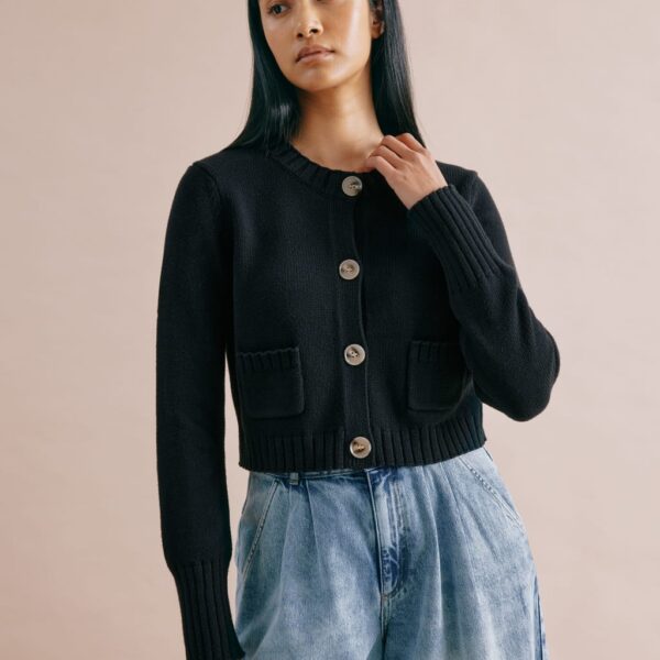 Albaray Women's Pure Cotton Crew Neck Cropped Cardigan - 18 - Black, Black