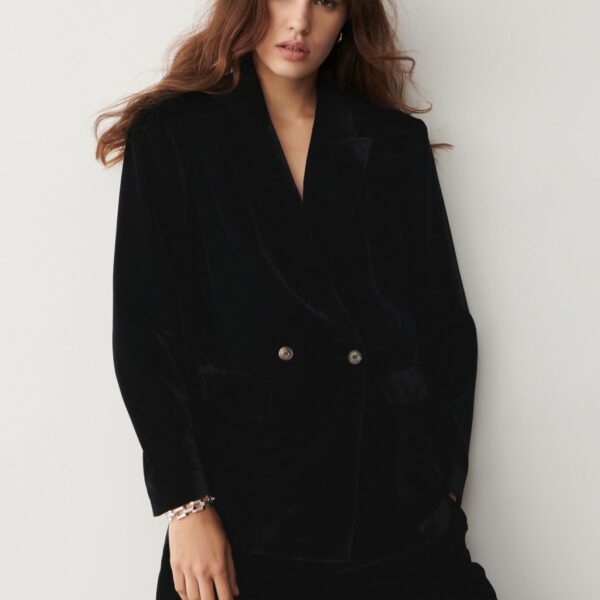 Finery London Women's Velvet Double Breasted Blazer - 12 - Black, Black