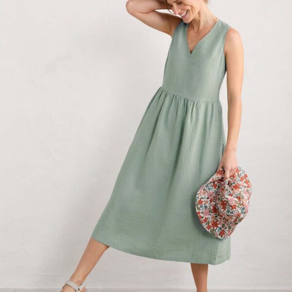 Seasalt Cornwall Women's Pure Linen V-Neck Midi Waisted Dress - 20 - Green, Green