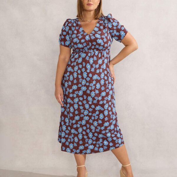 Live Unlimited London Women's Floral V-Neck Shirred Midi Tea Dress - 18 - Brown Mix, Brown Mix