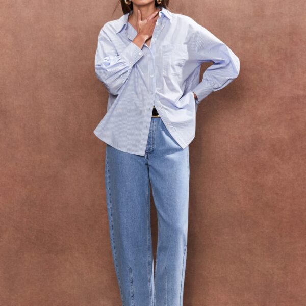 Ro&Zo Women's Pure Cotton Striped Relaxed Shirt - 12REG - Light Blue Mix, Light Blue Mix