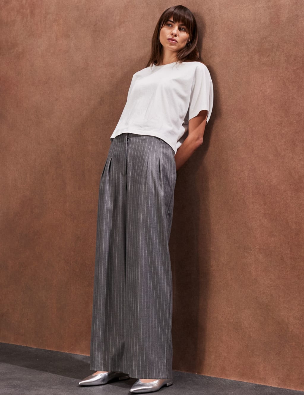 Ro&Zo Women's Pinstripe Wide Leg Trousers - 14REG - Grey Mix, Grey Mix