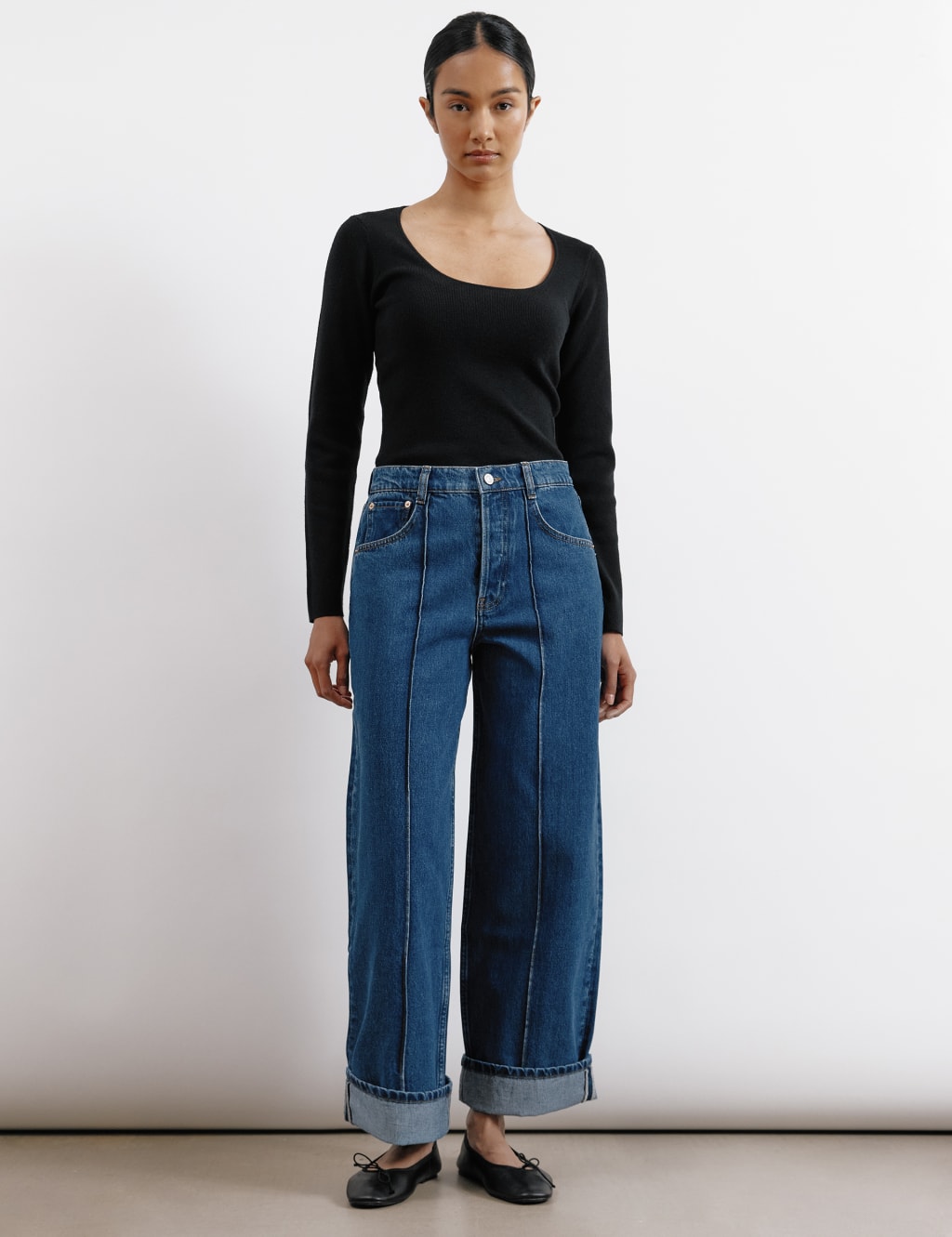Albaray Women's Mid Rise Pintuck Wide Leg Turn Up Jeans - 10 - Medium Indigo, Medium Indigo
