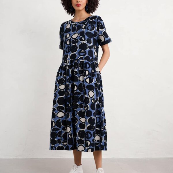 Seasalt Cornwall Women's Pure Cotton Geometric Waisted Midaxi Dress - 26-28REG - Blue Mix, Blue Mix