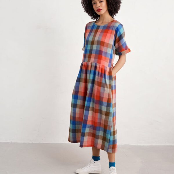 Seasalt Cornwall Women's Pure Cotton Checked Midaxi Waisted Dress - 14REG - Multi, Multi