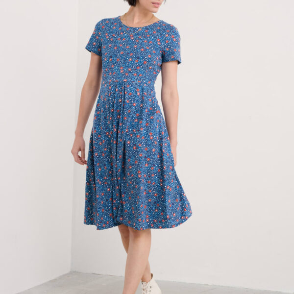 Seasalt Cornwall Women's Cotton Rich Floral Midi Waisted Dress - 16REG - Blue Mix, Blue Mix
