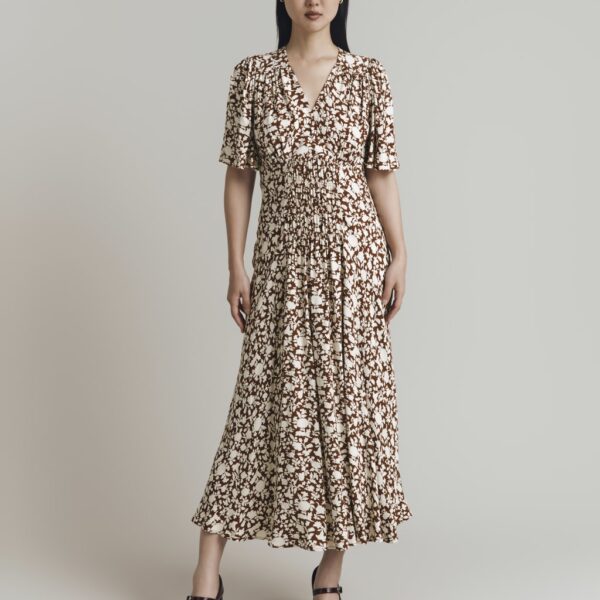 Ghost Women's Crepe Floral V-Neck Shirred Midi Tea Dress - Brown Mix, Brown Mix