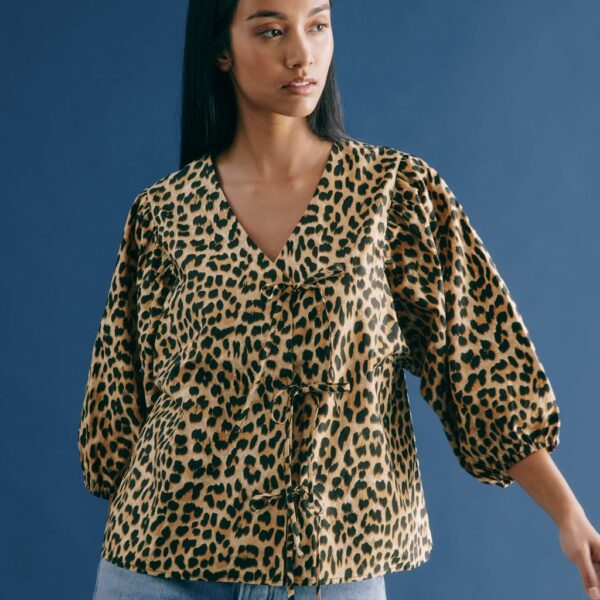 Albaray Women's Pure Cotton Animal Print V-Neck Blouse - 10 - Brown Mix, Brown Mix