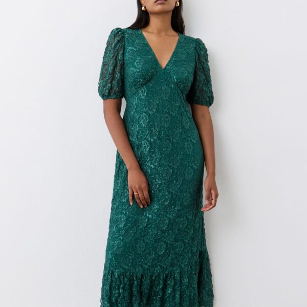 Finery London Women's Lace V-Neck Midi Tiered Dress - 12 - Green, Green,Black,Navy