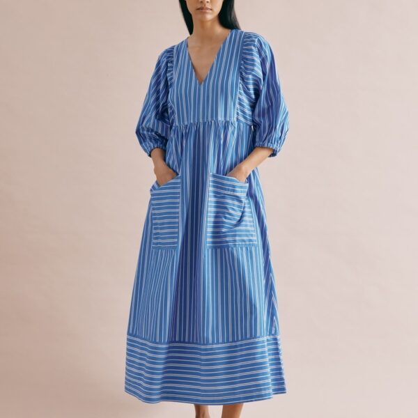 Albaray Women's Cotton Rich Striped V-Neck Midi Skater Dress - 10 - Blue Mix, Blue Mix