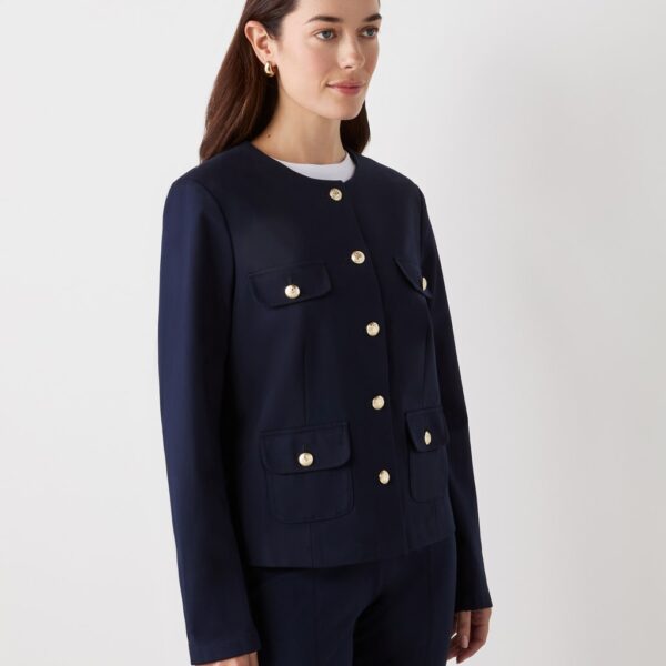 Finery London Women's Ponte Jersey Collarless Short Jacket - 12 - Navy, Navy,Black,Brown