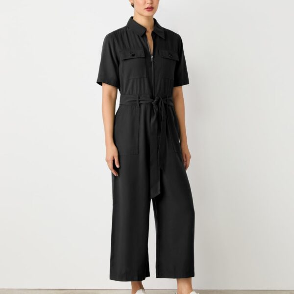 Finery London Women's Belted Short Sleeve Jumpsuit - 18 - Black, Black,Dark Green