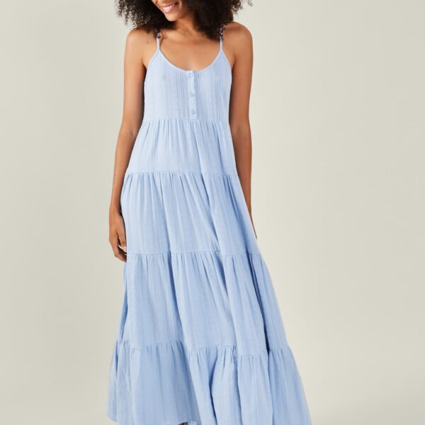 Accessorize Women's Pure Cotton Jacquard Strappy Maxi Dress - Blue, Blue