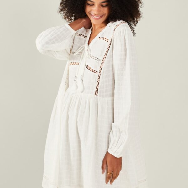 Accessorize Women's Pure Cotton Broderie Tie Neck Mini Beach Dress - White Mix, White Mix