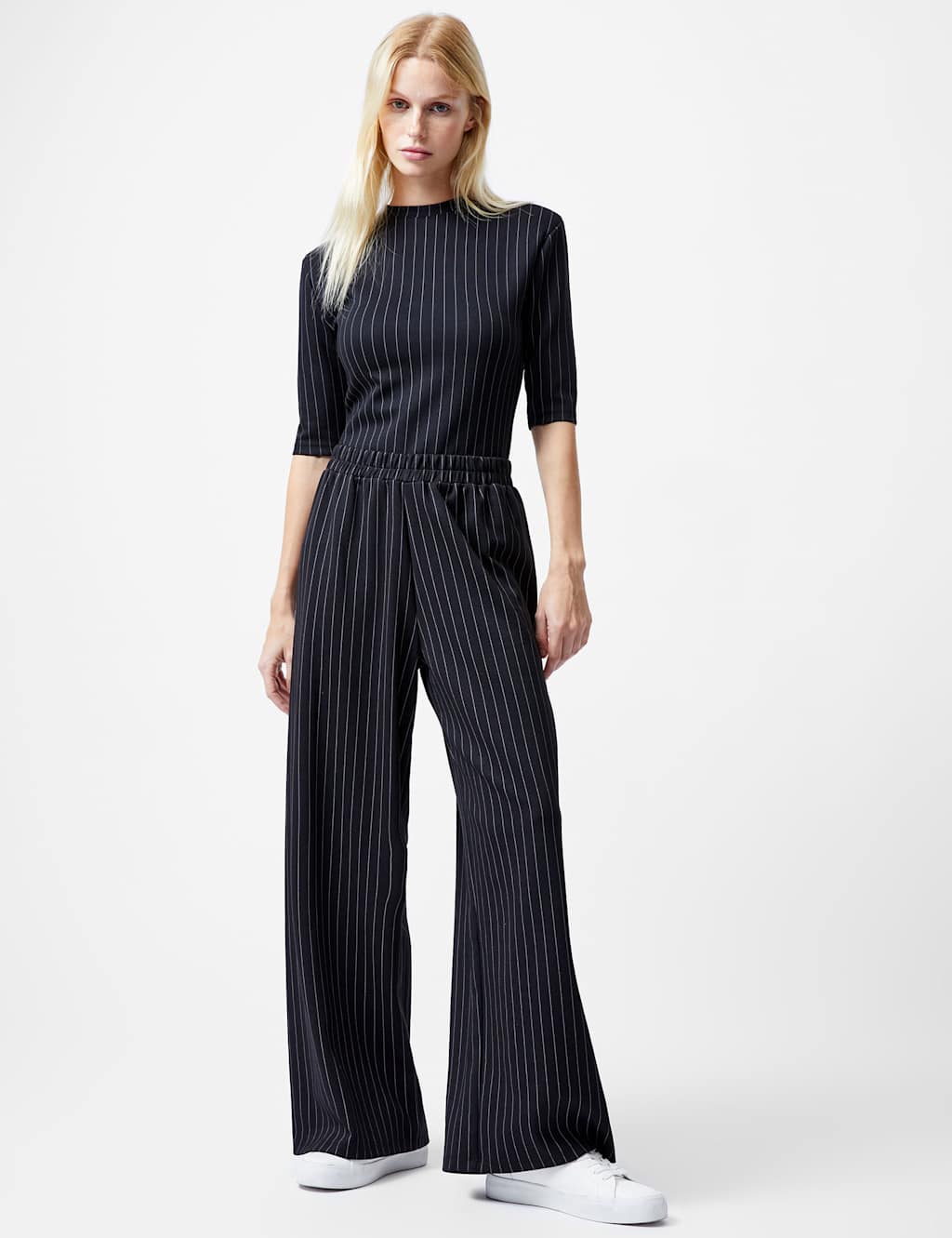 French Connection Women's Modal Blend Jersey Pinstripe Wide Leg Trousers - Black Mix, Black Mix