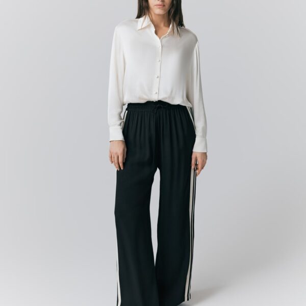 Ghost Women's Satin Side Stripe Drawstring Wide Leg Trousers - Black, Black