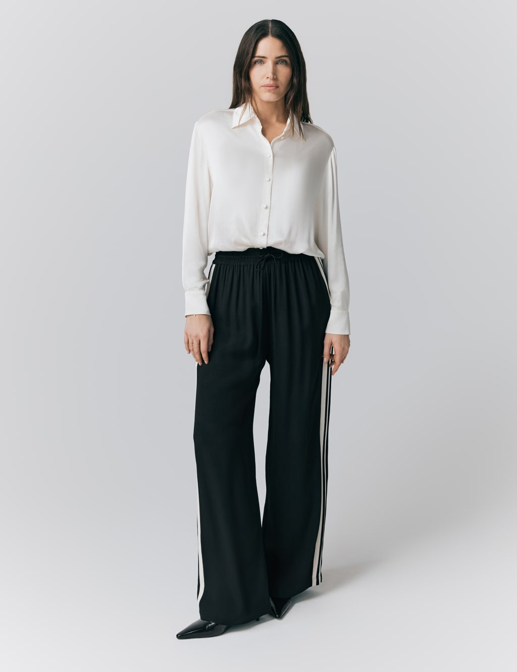 Ghost Women's Satin Side Stripe Drawstring Wide Leg Trousers - Black, Black