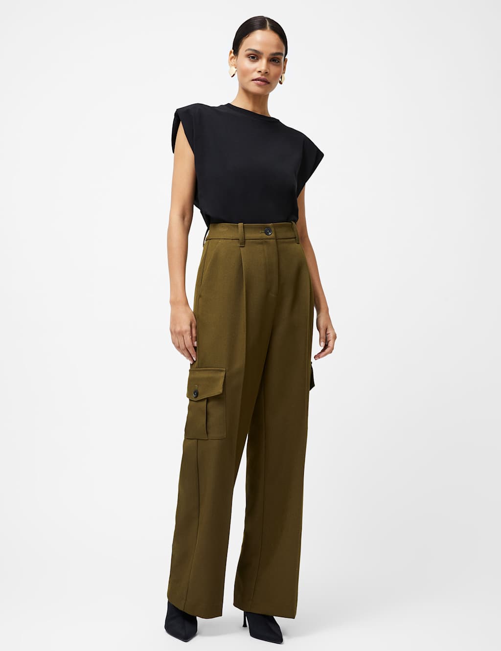 French Connection Women's Twill Cargo Wide Leg Trousers - 12 - Green, Green
