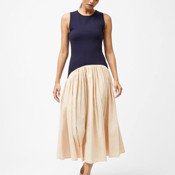 French Connection Women's Round Neck Mix Pleated Midi Drop Waist Dress - Blue, Blue