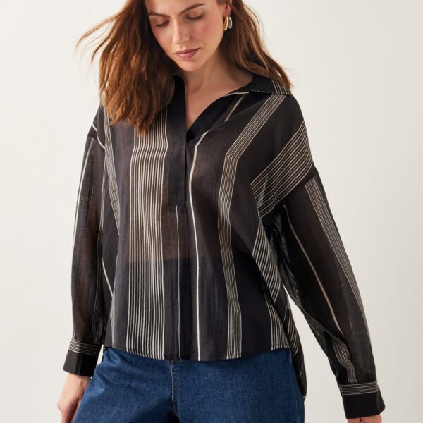 Monsoon Women's Striped Collared Blouse - M - Black Mix, Black Mix