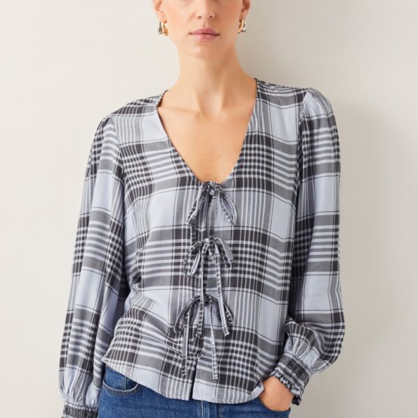 Monsoon Women's Checked V-Neck Tie Front Puff Sleeve Blouse - M - Blue Mix, Blue Mix