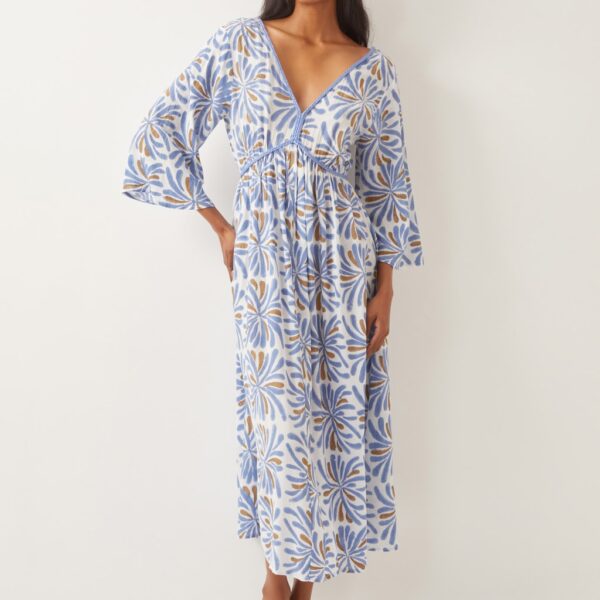 Monsoon Women's Textured Woodblock V-Neck Midi Skater Dress - Blue, Blue