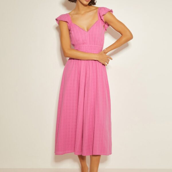 Monsoon Women's Pure Cotton Textured Sweetheart Neckline Midi Beach Dress - Pink, Pink