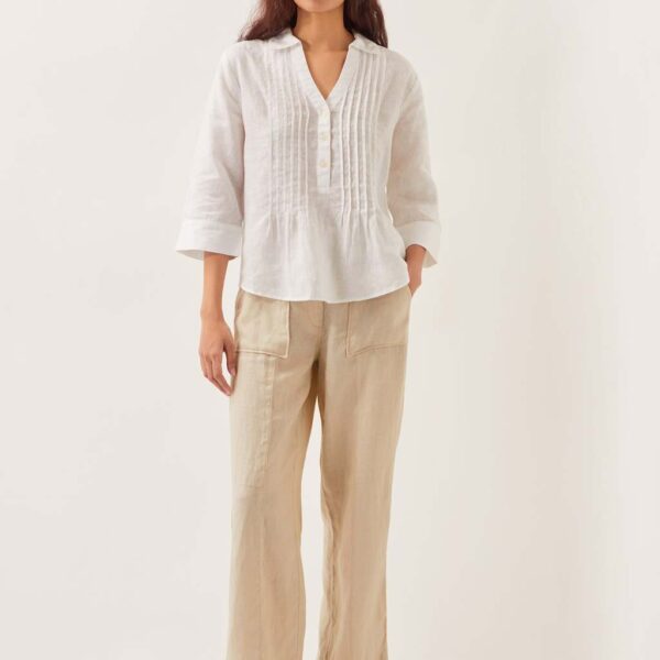 Monsoon Women's Pure Linen Collared V-Neck Pintuck Blouse - XL - White, White