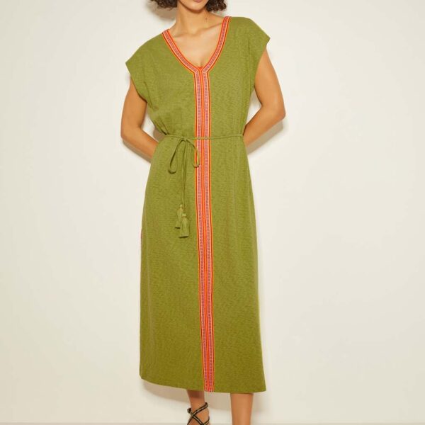Monsoon Women's Pure Cotton Embroidered V-Neck Kaftan Dress - L - Green, Green