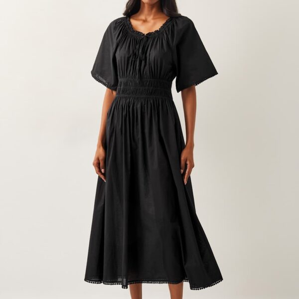 Monsoon Women's Pure Cotton Tie Neck Midi Waisted Dress - Black, Black