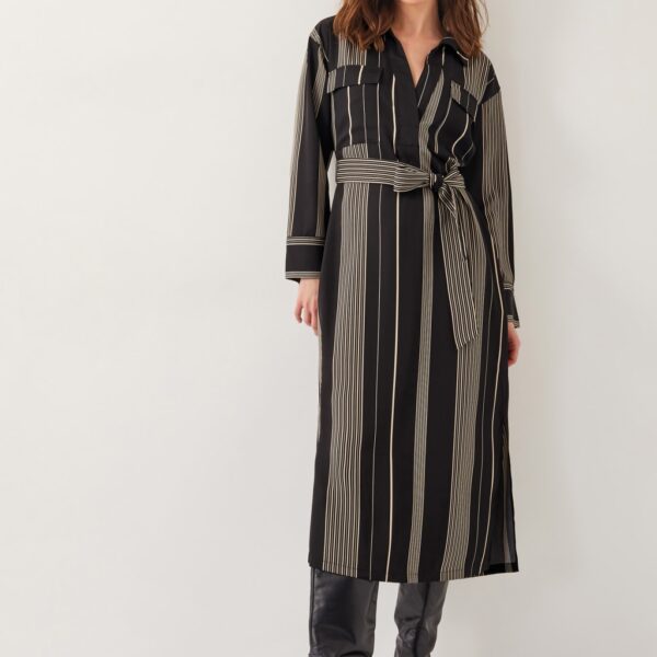 Monsoon Women's Striped V-Neck Belted Midi Shirt Dress - XL - Black Mix, Black Mix