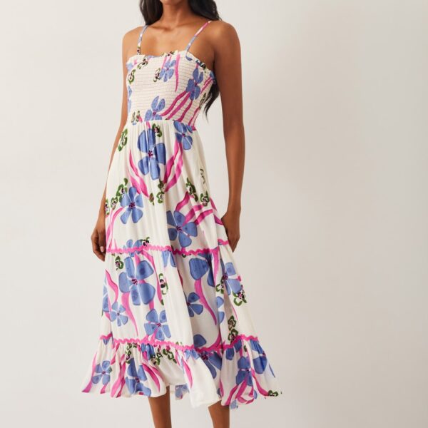 Monsoon Women's Floral Shirred Bandeau Midi Beach Dress - Ivory Mix, Ivory Mix