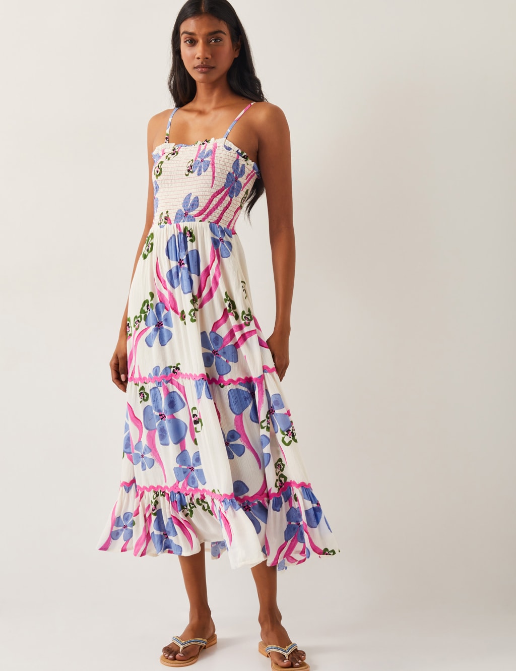 Monsoon Women's Floral Shirred Bandeau Midi Beach Dress - Ivory Mix, Ivory Mix