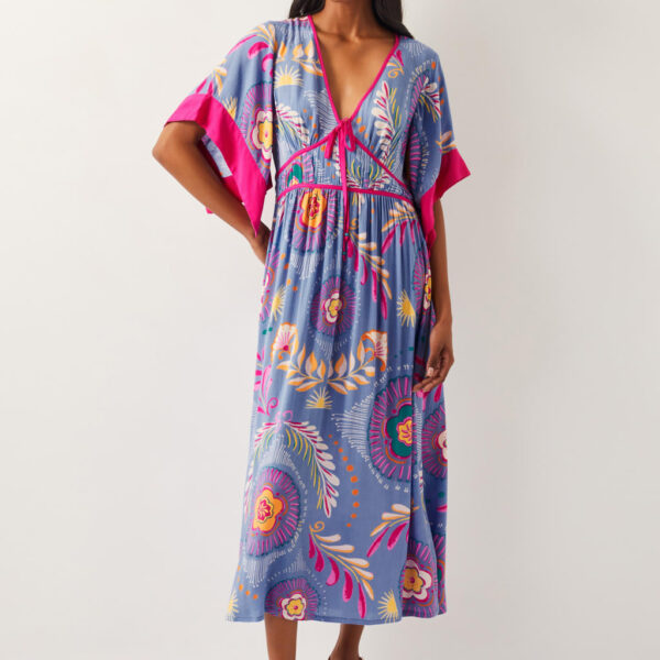 Monsoon Women's Floral V-Neck Shirred Midi Skater Dress - Blue Mix, Blue Mix