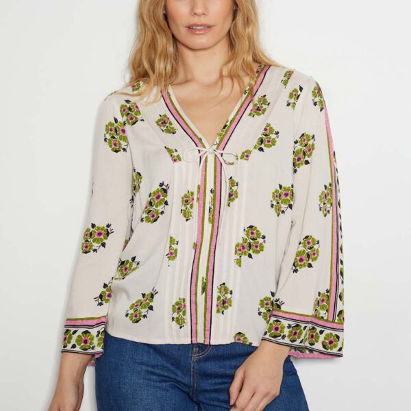 Monsoon Women's Floral V-Neck Pintuck Bow Blouse - XL - Ivory Mix, Ivory Mix