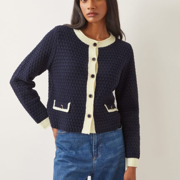 Monsoon Women's Cotton Rich Textured Collarless Knitted Jacket - XL - Navy, Navy