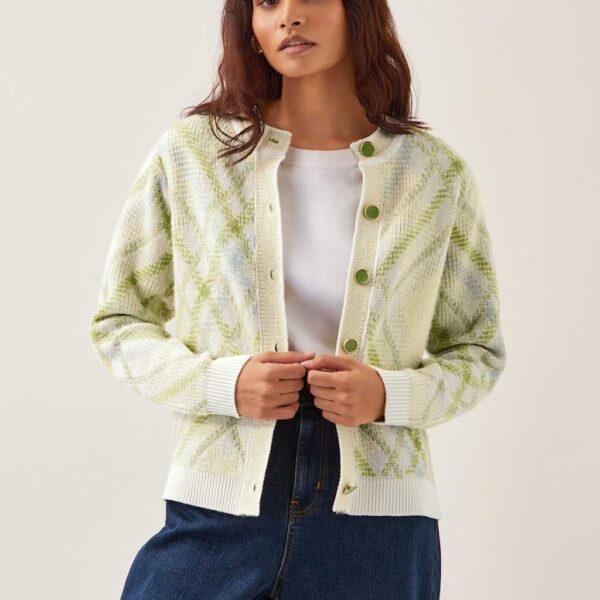 Monsoon Women's Textured Argyle Crew Neck Cardigan with Wool - Ivory Mix, Ivory Mix