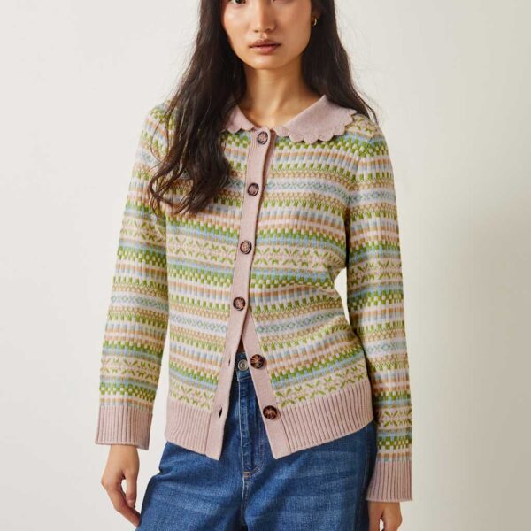 Monsoon Women's Fair Isle Collared Cardigan with Wool - XL - Green Mix, Green Mix