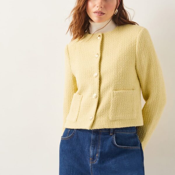Monsoon Women's Tweed Textured Collarless Jacket with Wool - XXL - Yellow, Yellow