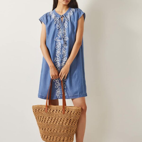 Monsoon Women's Pure Lyocell Embroidered Tie Neck Mini Dress - XXL - Denim Mix, Denim Mix