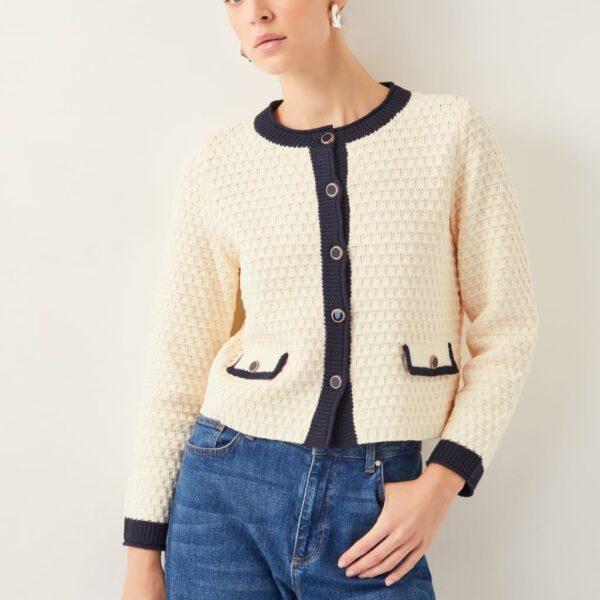 Monsoon Women's Cotton Rich Textured Collarless Knitted Jacket - XL - Ivory, Ivory