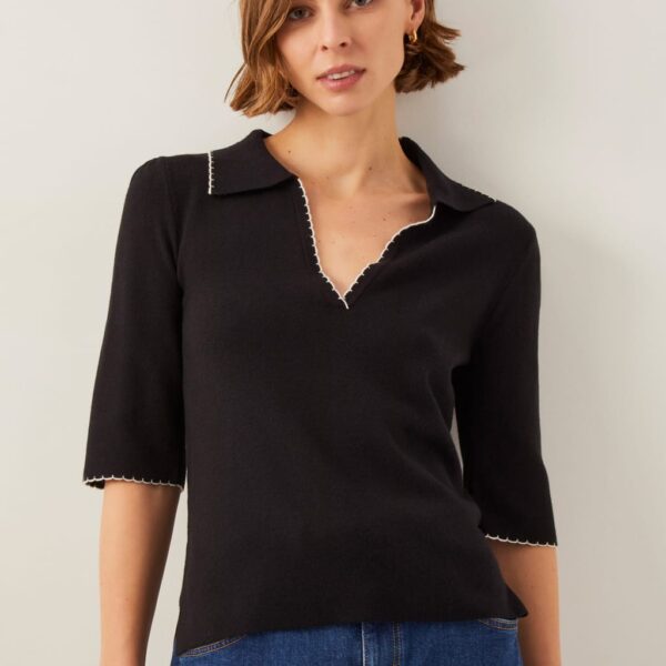 Monsoon Women's Collared V-Neck Contrast Trim Jumper - Black, Black