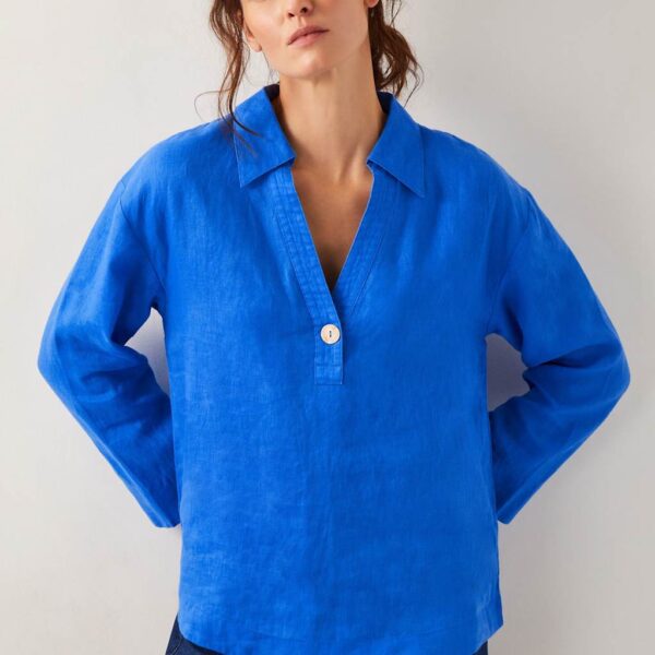 Monsoon Women's Pure Linen Collared V-Neck Popover Blouse - M - Blue, Blue