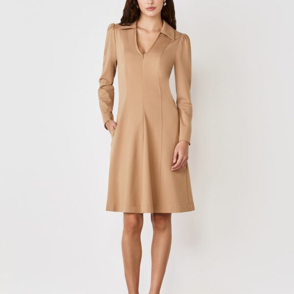 Finery London Women's Ponte Jersey Collared Zip Front Knee Length Dress - 14 - Brown, Green,Black,Brown
