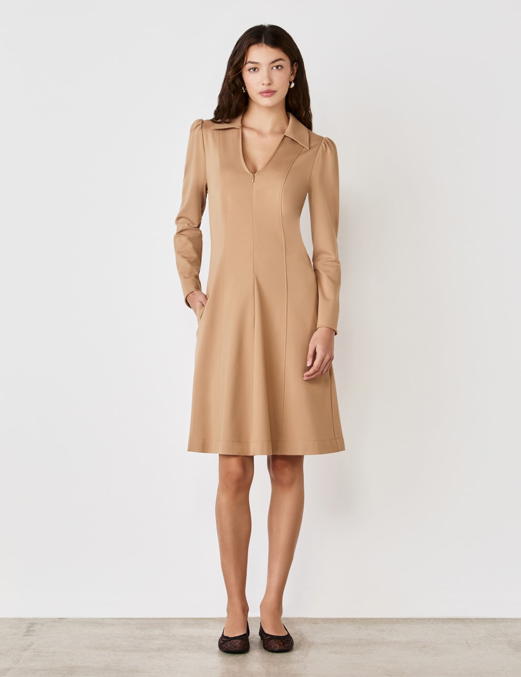 Finery London Women's Ponte Jersey Collared Zip Front Knee Length Dress - 14 - Brown, Green,Black,Brown