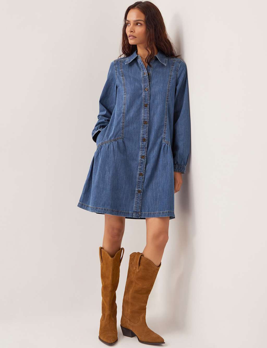 Monsoon Women's Pure Cotton Knee Length Shirt Dress - 14 - Blue Denim, Blue Denim