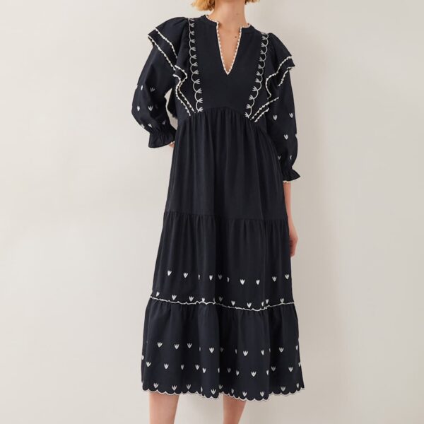 Monsoon Women's Pure Cotton Embroidered V-Neck Midi Tea Dress - L - Black, Black