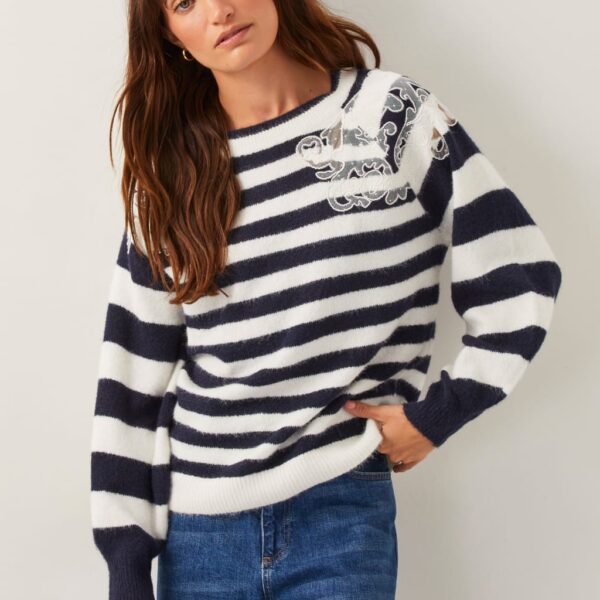 Monsoon Women's Striped Lace Detail Crew Neck Jumper - Navy Mix, Navy Mix